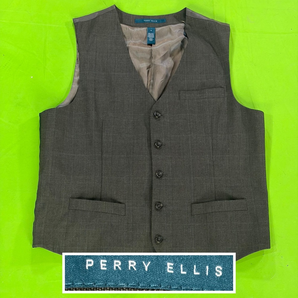 Perry Ellis Suit Vest Mens M Charcoal Gray Micro Check 5 Button Formal Waistcoat